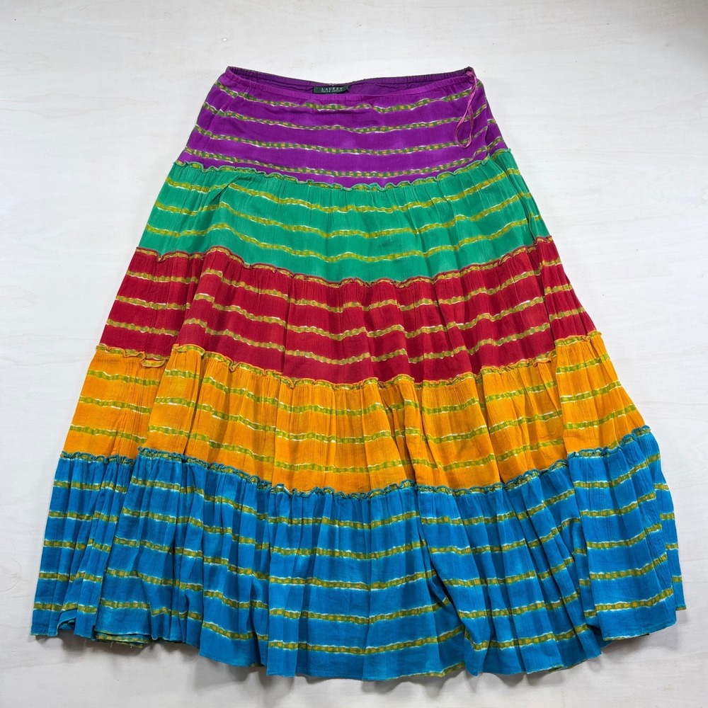 Lauren Ralph Lauren Rainbow Tiered Maxi Skirt Cotton Boho Stripe Multi Color M